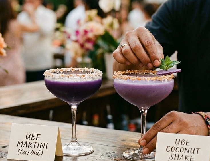 Close-up of two matching purple ube coupe glasses side by side on a wedding mobile bar top with labeled cards distinguishing the cocktail from the mocktail as a bartender adds a garnish