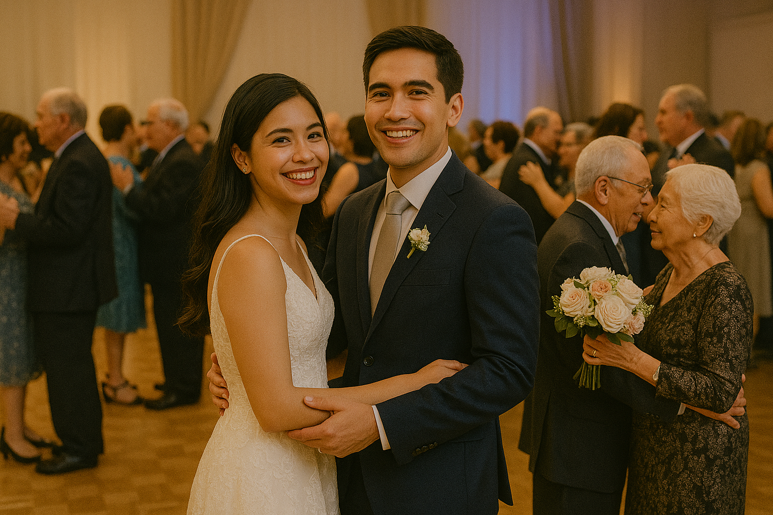 Young Filipino couple honoring the longest married pair during a tender anniversary dance