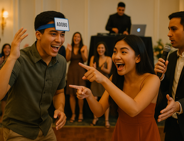 Young Filipino couple playing Pinoy Henyo while an MC and guests cheer
