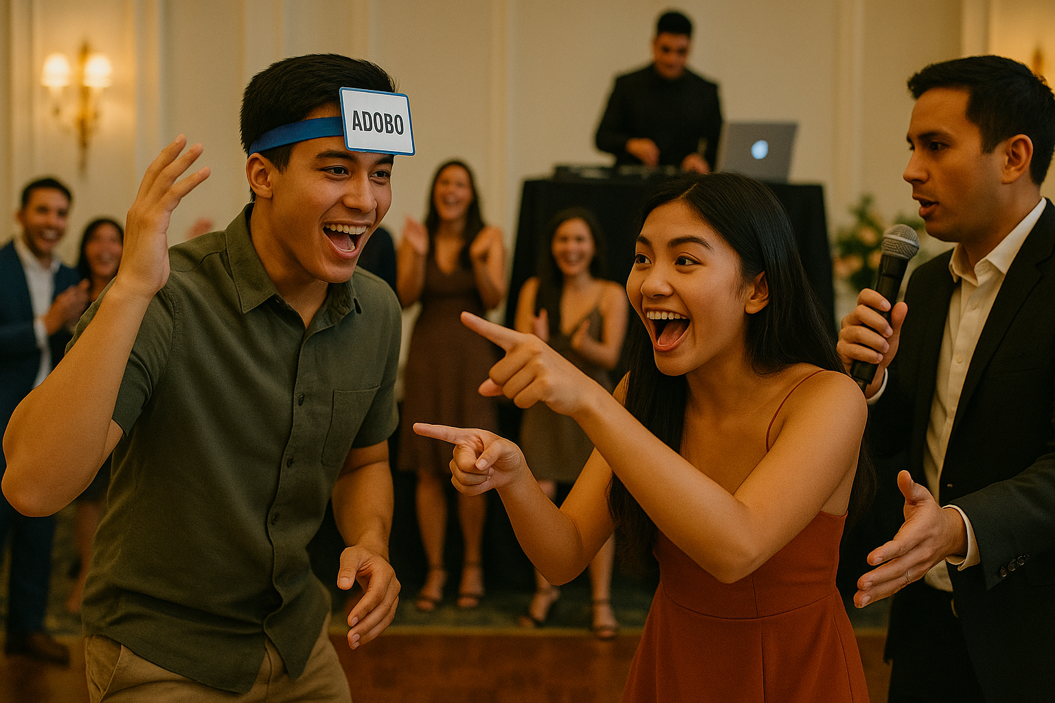 Young Filipino couple playing Pinoy Henyo while an MC and guests cheer