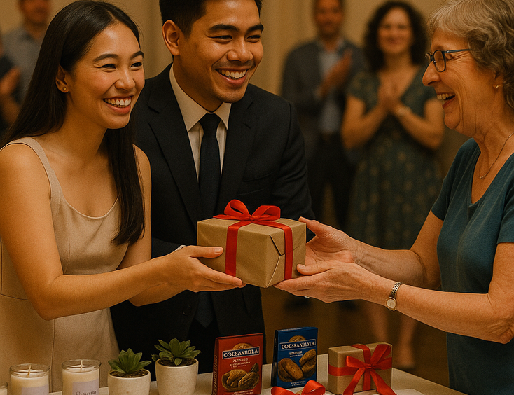 Young Filipino couple awarding wedding game prizes beside a styled table of gifts