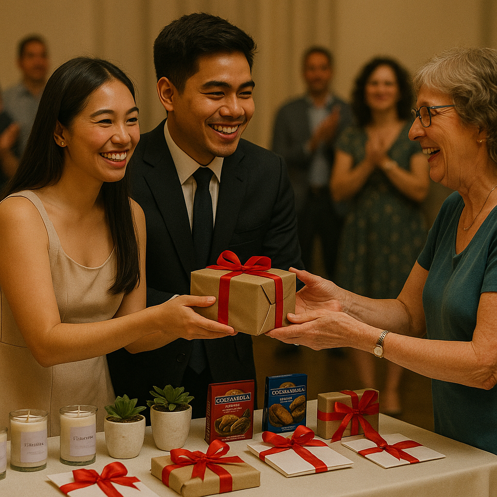 Young Filipino couple awarding wedding game prizes beside a styled table of gifts