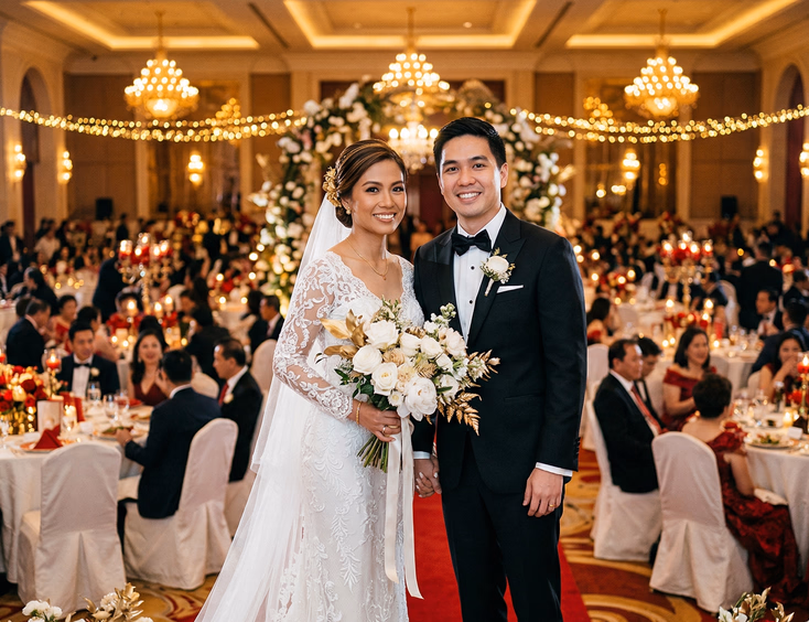 Filipino Chinese bride and groom at a grand Metro Manila wedding reception, bride in white gown holding white and gold bouquet, groom in black suit, warm golden banquet hall with red and gold centerpieces and seated guests