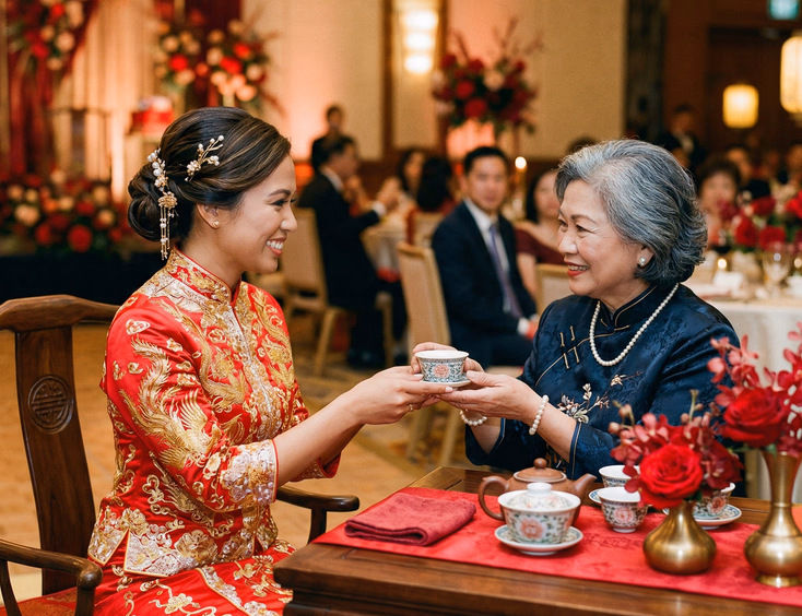 Filipino Chinese bride in red embroidered qipao during traditional tea ceremony, presenting teacup to mother-in-law, elegant banquet room with red floral arrangements and warm lighting