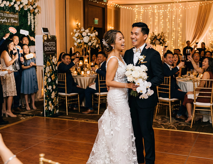 Filipino Chinese wedding couple sharing first dance on softly lit dance floor surrounded by laughing guests raising glasses, gold and white reception decor with floral photo booth