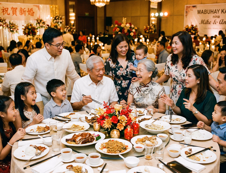 Three generations of a Filipino Chinese family smiling and conversing at a wedding reception banquet table adorned with red and gold centerpieces, teacups, and multi-course meal
