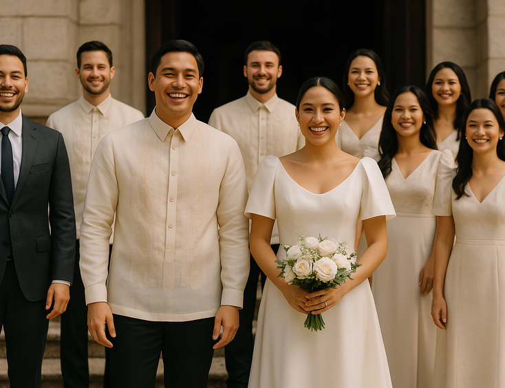Young Filipino couple with a mixed entourage including Man of Honor and Best Woman lined up at church doors in coordinated outfits