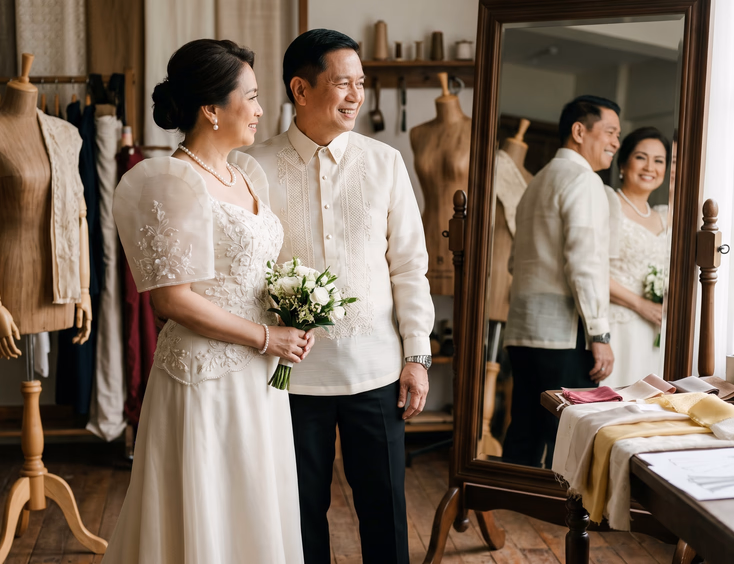 Filipino couple in modern ivory Filipiniana dress and cream piña barong tagalog smiling in a designer studio.