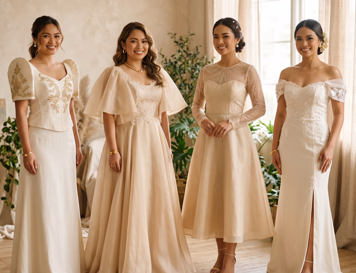 Four models showcasing various sleeve styles of modern ivory and champagne Filipiniana dresses.