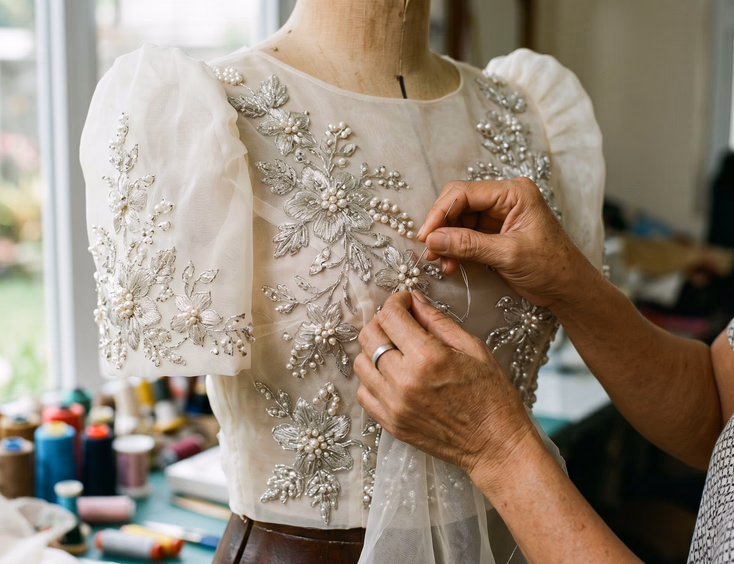 Close-up of a seamstress hand-embroidering intricate floral and pearl details on an ivory Filipiniana gown.