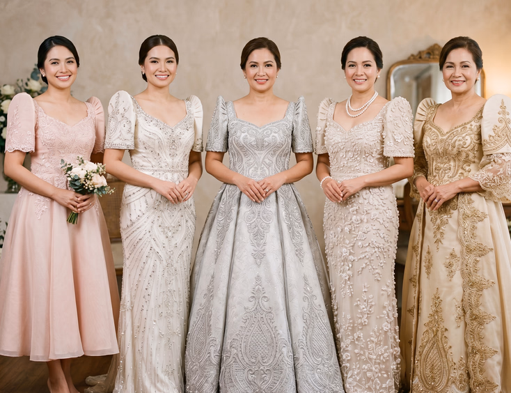 Five models wearing modern Filipiniana milestone anniversary gowns in blush, silver, and champagne gold.