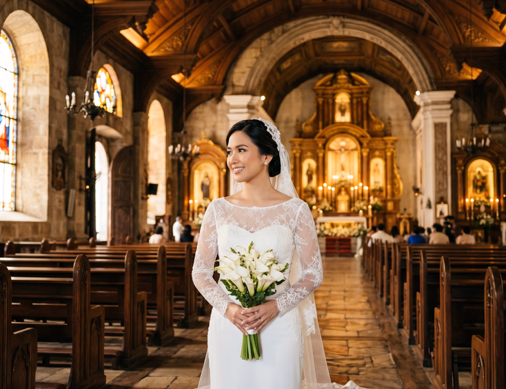 Filipina bride wearing an elegant white wedding gown with Chantilly lace long sleeves and bateau neckline, standing inside a grand Filipino Catholic church with high wooden ceilings, amber arched windows, and candlelight