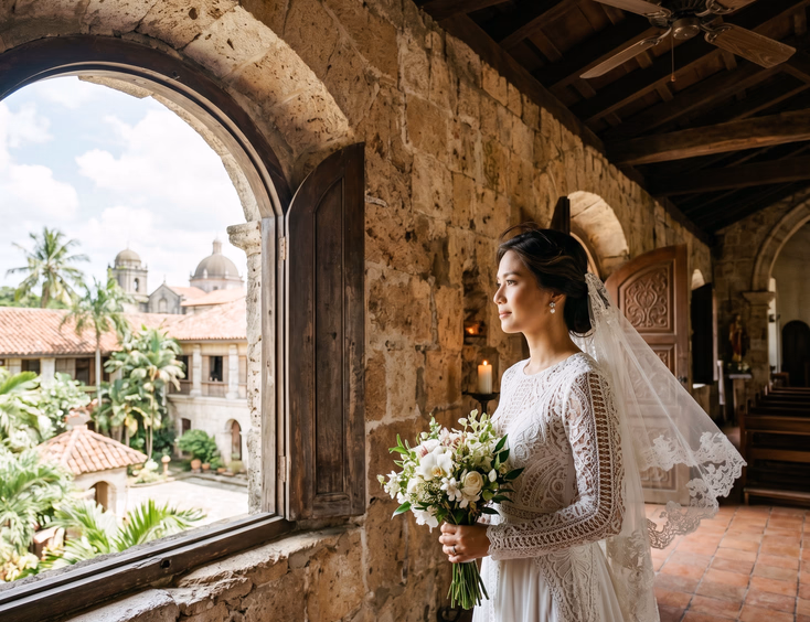 Filipina bride in a white wedding gown with guipure lace long sleeves featuring open cutwork details, standing near an arched window inside a historic Philippine stone church with warm earthy walls and natural sunlight