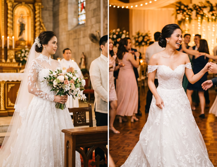 Side-by-side image of a Filipina bride in a white wedding gown with long illusion lace sleeves at a church altar, and the same bride dancing in an off-shoulder neckline at a warmly lit wedding reception