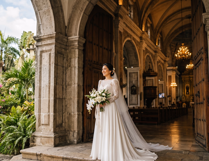 Filipina bride in a white wedding gown with piña fabric long sleeves standing at the entrance of San Agustin Church in Intramuros Manila, with heavy wooden doors open to reveal the historic stone nave interior