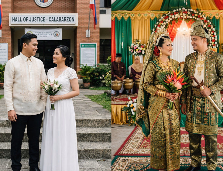 Filipino Muslim couple in traditional Maranao or Tausug wedding attire beside a Filipino couple in barong Tagalog and white dress in a split-scene composition set against a courthouse exterior and a decorated Muslim wedding venue in natural daylight