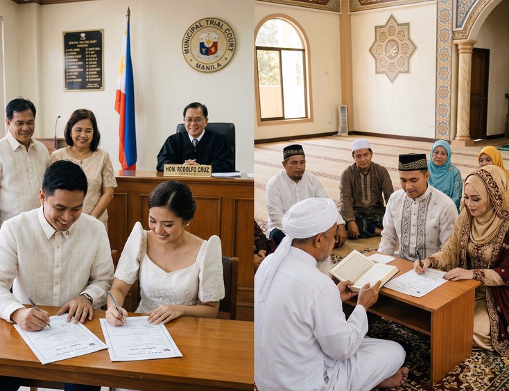 Split scene showing a Filipino couple signing documents at a judge's courtroom on one side and a Filipino Muslim couple performing the nikah ceremony before an imam and witnesses on the other side in natural indoor lighting