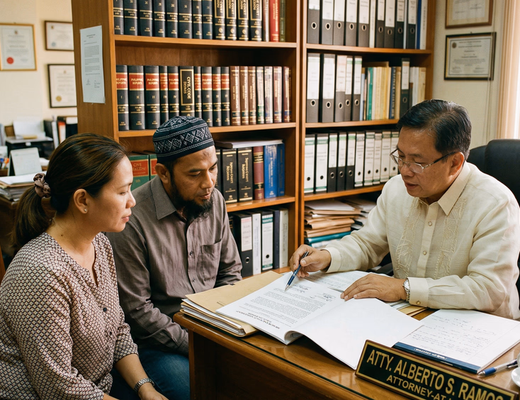 Filipino woman and a Filipino Muslim man sitting across from a lawyer at an office desk in the Philippines, the lawyer pointing to a document with law books and folders visible on shelves behind under warm office lighting