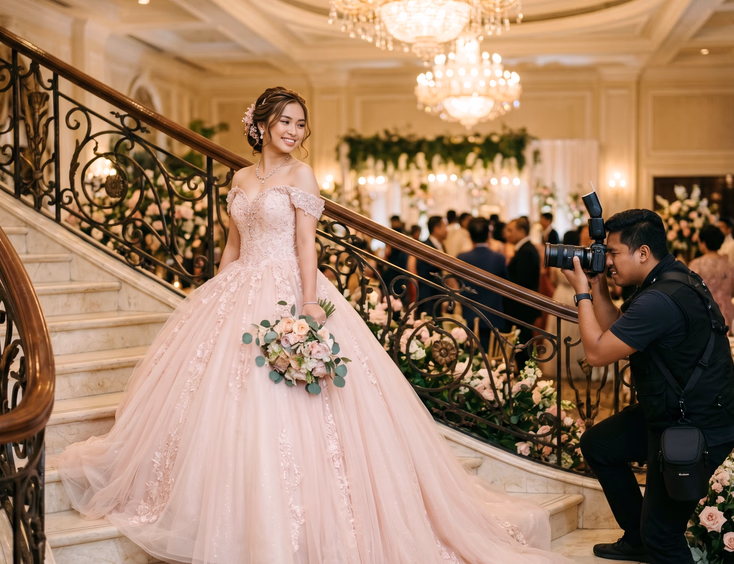 Filipino photographer captures a Filipina debutante in a flowing pastel ball gown posing on a grand staircase inside a luxury ballroom.