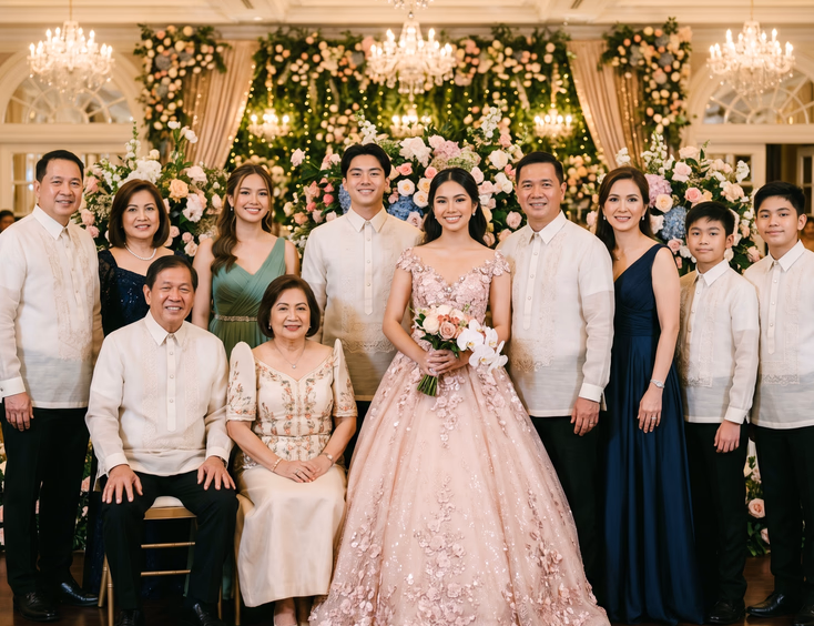 Filipina debutante in an elegant ball gown poses for a multi-generational family portrait with her parents and grandparents at a venue.