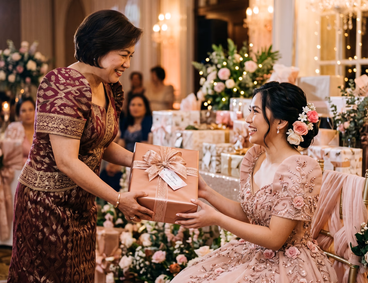 Filipina godmother gives a beautifully wrapped gift box to a surprised young debutante during an elegant ballroom reception celebration.