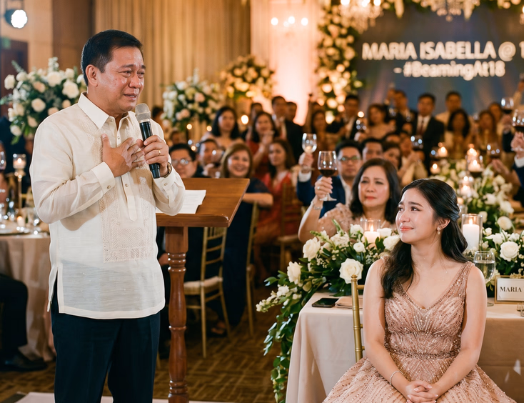 An emotional Filipino father delivers a heartfelt speech and toast to his tearful debutante daughter at her elegant ballroom reception.