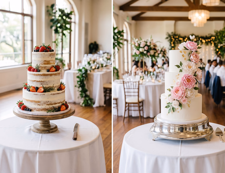 Side-by-side comparison of a rustic semi-naked wedding cake topped with fresh berries and rosemary and a smooth white fondant cake with cascading sugar peonies and gold leaf accents inside a bright Filipino wedding venue