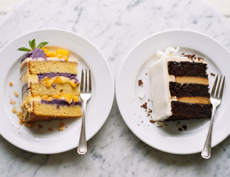 Close-up of two wedding cake slices on white porcelain plates showing a chiffon semi-naked cake with ube and mango filling beside a fondant cake with chocolate sponge and leche flan filling on a marble surface