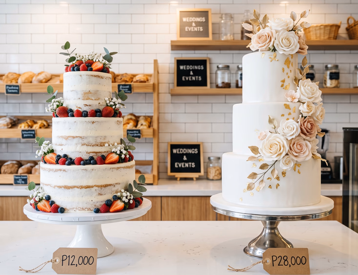 Two three-tiered wedding cakes in a Filipino bakery with kraft paper price tags, a semi-naked berry cake priced at P12000 and a white fondant cake with sugar roses and gold leaf priced at P28000