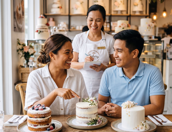 Filipino couple at a wedding cake tasting pointing at a semi-naked cake sample while a Filipino baker in a white apron takes notes, with naked and fondant cake options displayed on the table