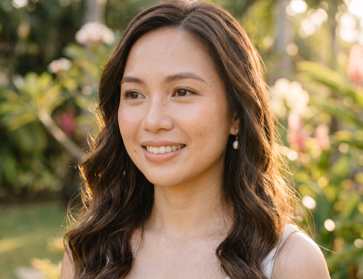 Close-up portrait of Filipino bride with natural dewy makeup, peach cream blush, and nude pink lips with loose dark waves in warm golden morning sunlight and tropical garden background
