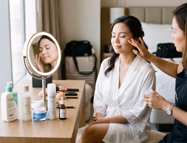 Filipino bride with eyes closed getting hydrating primer applied by her HMUA at a clean vanity table with skincare products and a round lighted mirror in a soft morning hotel room