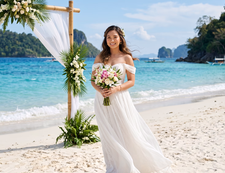 Filipino bride with natural dewy makeup and loose waves standing barefoot on white sand at a tropical beach wedding with a bamboo arch and turquoise ocean in the background