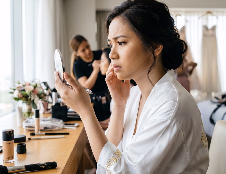 Close-up of Filipino bride examining her face in a compact mirror with a visible foundation shade mismatch along her jawline in a bright hotel prep room with natural window light