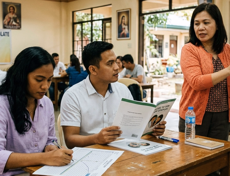 Filipino engaged couple studying fertility charts during a Natural Family Planning seminar at a Philippine parish hall.