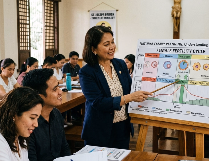 Filipina NFP instructor explaining a female fertility cycle chart to Filipino engaged couples during a parish seminar in the Philippines.
