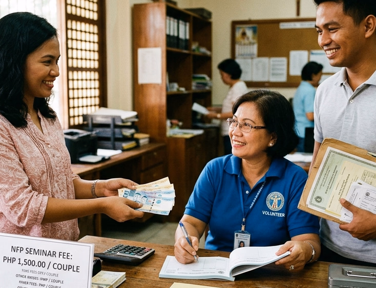 Filipino engaged couple paying the NFP seminar fee at a parish registration desk with charting workbooks and receipt book on the counter.