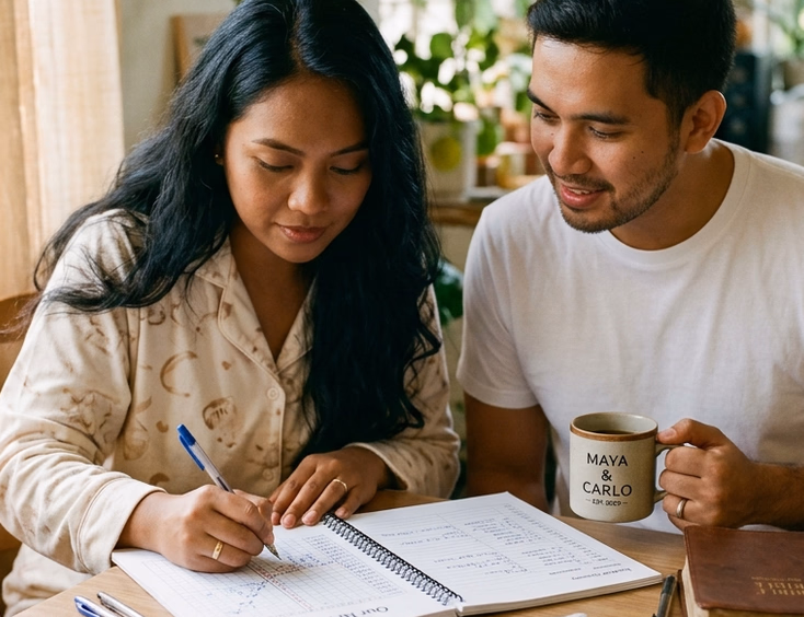 Filipino newlywed couple charting their NFP cycle together over morning coffee at their home dining table.
