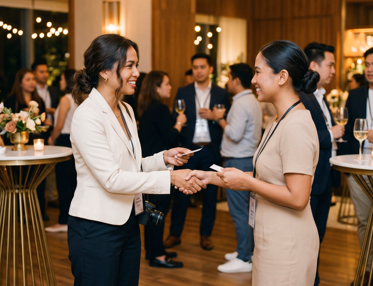 Filipino wedding photographer exchanging business cards with a fellow supplier at a Manila industry mixer.