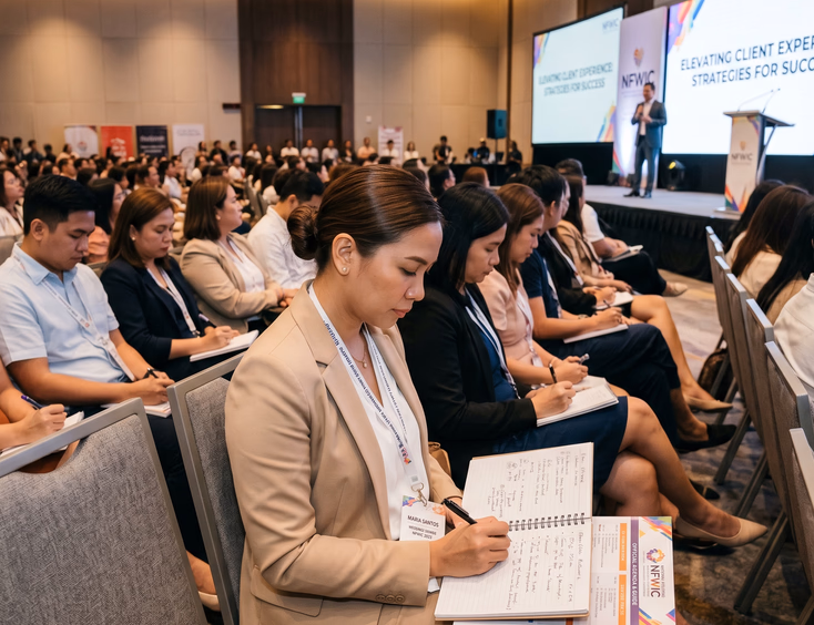 Filipino wedding planner taking notes during a session at a national wedding industry conference.