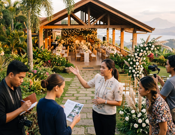 Filipino wedding suppliers touring a Tagaytay garden venue during a venue familiarization event.
