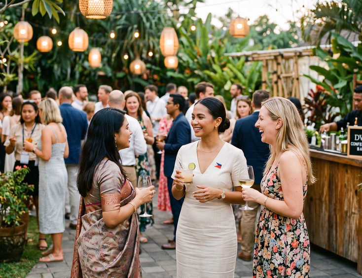 Filipino wedding coordinator networking with international planners at a destination wedding conference in Bali.