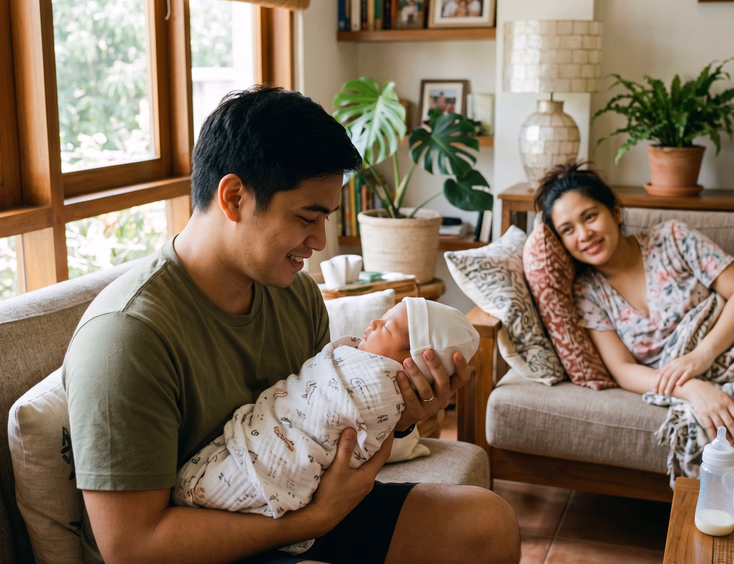 A confident Filipino father gently cradles his newborn baby lovingly while his wife rests on the couch in a warm, sunlit Manila living room.