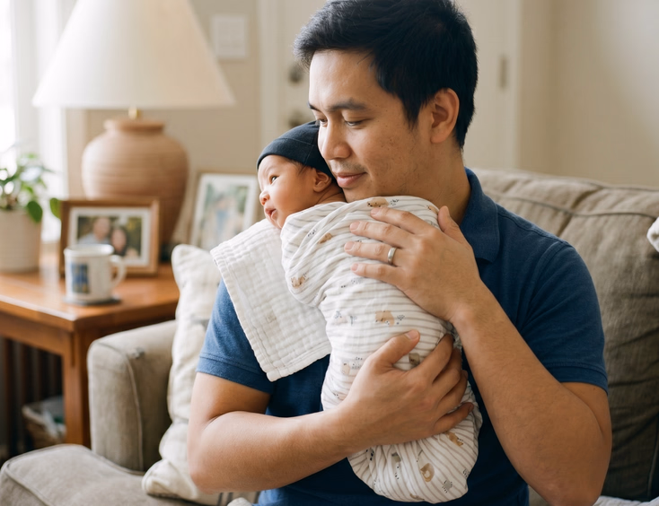A patient Filipino father gently holds his newborn upright on his shoulder for burping, with a soft burp cloth, in a cozy home setting with natural daylight.