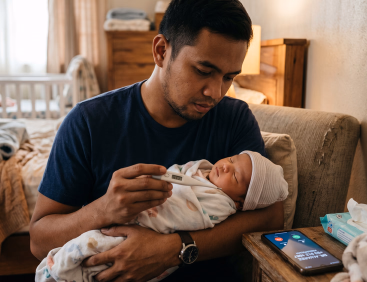 A concerned Filipino father gently checks his newborn's temperature with a thermometer, in soft home lighting, with a pediatrician's number visible on a nearby phone.