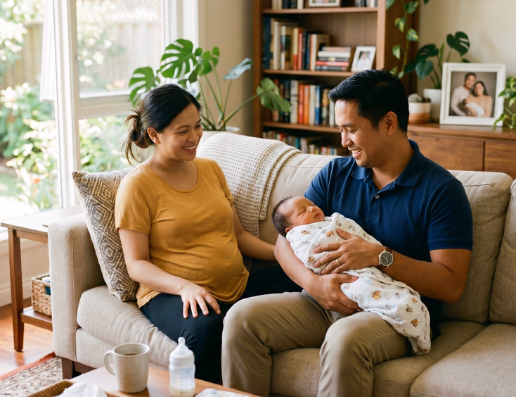 A supportive Filipino father confidently holds their newborn baby in a bright modern living room, as his wife rests and smiles nearby, showing family teamwork.