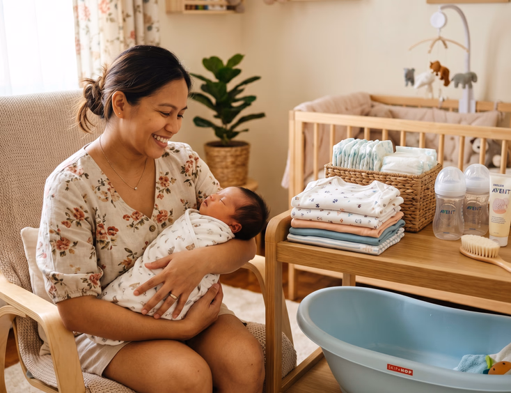 A happy Filipino mother holds her newborn baby in a cozy nursery, next to arranged essentials like clothes, diapers, and a small bathtub.