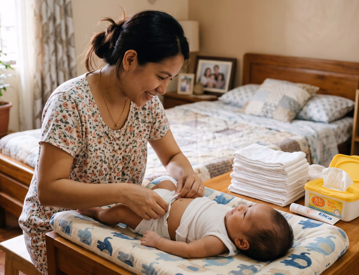 A Filipino mother gently changes her newborn's diaper on a padded changing mat, with a stack of cloth lampin and wipes within easy reach.