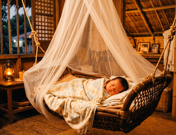 A Filipino newborn baby sleeps peacefully inside a wooden duyan cradle draped with a protective mosquito net in a simple, warm home setting.