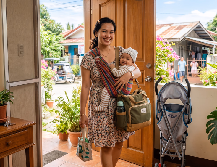 A cheerful Filipino mother carries her baby in a fabric sling, ready to go out with a diaper bag and a stroller waiting by the doorway.